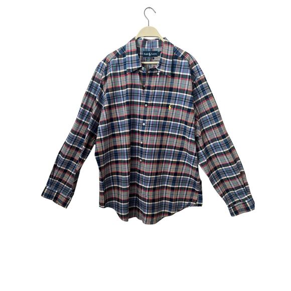 RALPH LAUREN MENS BUTTON DOWN DRESS SHIRT RED WHITE BLUE PLAID CLASSIC FIT XXL - Picture 1 of 12